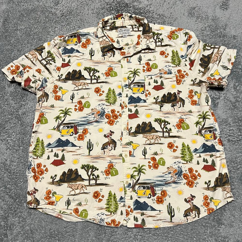 Lucky Brand Shirt Mens XXL Camp Print Shirt  Outdoor Short Sleeve All Over Print